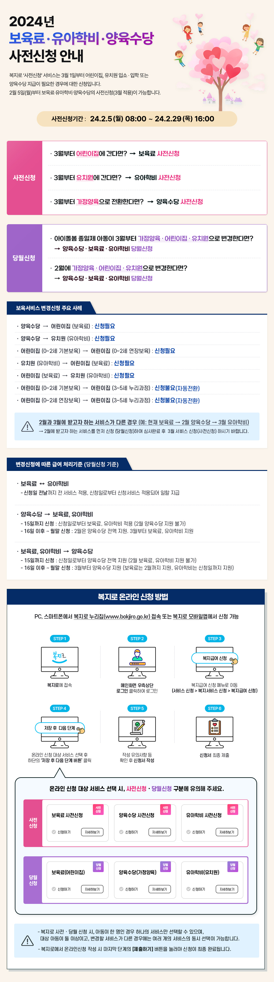 2024년도 보육료 유아학비 양육수당 사전신청 안내 ■복지로 사전신청 서비스는 3월 1일부터 어린이집 유치원 입소 입학 또는 양육수당 지급이 필요한 경우에 대한 신청입니다 2월 5일(월)부터 보육료 유아학비 양육수당의 사전신청(3월적용)이 가능합니다 ■사전신청기간 23년 2월 6일 월요일 8시부터 23년 2월 24일 금요일 18시까지 ■사전신청 1.3월부터 어린이집에 간다면? 보육료 사전신청 2.3월부터 유치원에 간다면? 유아학비 사전신청 3.3월부터 가정양육으로 전환한다면? 양육수당 사전신청 ■당월신청 1.아이돌봄 종일제 아동이 3월부터 가정양육 어린이집 유치원으로 변경한다면? 양육수당 보육료 유아학비 당월신청 2.2월에 가정양육 어린이집 유치원으로 변경한다면? 양육수당 보육료 유아학비 당월신청 ■보육서비스 변경신청 주요 사례 1.양육수당에서 어린이집(보육료)로 변경시 신청필요 2.양육수당에서 유치원(유아학비)로 변경시 신청필요 3.어린이집(0~2세 기본보육)에서 어린이집(0~2세 연장보육)으로 변경시 신청필요 4.유치원(유아학비)에서 어린이집(보육료)로 변경시 신청필요 5.어린이집(보육료)에서 유치원(유아학비)로 변경시 신청필요 6.어린이집(0~2세 기본보육)에서 어린이집(3~5세 누리과정)으로 변경시 신청불요(자동전환) 7.어린이집(0~2세 연장보육)에서 어린이집(3~5세 누리과정)으로 변경시 신청불요(자동전환) ■변경신청에 따른 급여 처리기준(당월신청 기준) 1. 보육료 유아학비간 변경신청 시:신청일 전날까지 전 서비스 적용 신청일부터 신청서비스 적용되어 일할 지급 2. 양육수당에서 보육료 유아학비로 변경신청시:15일까지 신청할 경우에는 신청일부터 보육료 유아학비 적용(2월 양육수당 지원 불가), 16일 이후부터 월말 신청할 경우에는 2월은 양육수당 전액 지원 3월부터 보육료 유아학비 지원 3. 보육료 유아학비에서 양육수당으로 변경신청 시:15일까지 신청할 경우에는 신청일부터 양육수당 전액 지원(2월 보육료, 유아학비 지원 불가), 16일 이후부터 월말 신청할 경우에는 3월부터 양육수당 지원(보육료는 2월까지 지원, 유아학비는 신청일까지 지원) ■복지로 온라인 신청 방법 : PC 스마트폰에서 복지로 누리집 www.bokjiro.go.kr 접속 또는 복지로 모바일앱에서 신청 가능 STEP1 복지로에 접속 STEP2 메인화면 우측상단 로그인 클릭하여 로그인 STEP3 복지급여 신청 메뉴로 이동 서비스신청 복지서비스신청 복지급여 신청 STEP4 온라인신청 대상 서비스 선택 후 하단의 저장 후 다음 단계 버튼 클릭 STEP5 작성 유의사항 등 확인 후 신청서 작성 STEP6 신청서 최종 제출 ■온라인신청 대상 서비스 선택 시 사전신청 당월신청 구분에 유의해 주세요 ■복지로 사전신청 당월 신청 시 아동이 한 명인 경우 하나의 서비스만 선택할 수 있으며 대상 아동이 둘 이상이고 변경할 서비스가 다른 경우에는 여러 개의 서비스의 동시 선택이 가능합니다 복지로에서 온라인신청 작성 시 마지막 단계의 제출하기 버튼을 눌러야 신청이 최종 완료됩니다