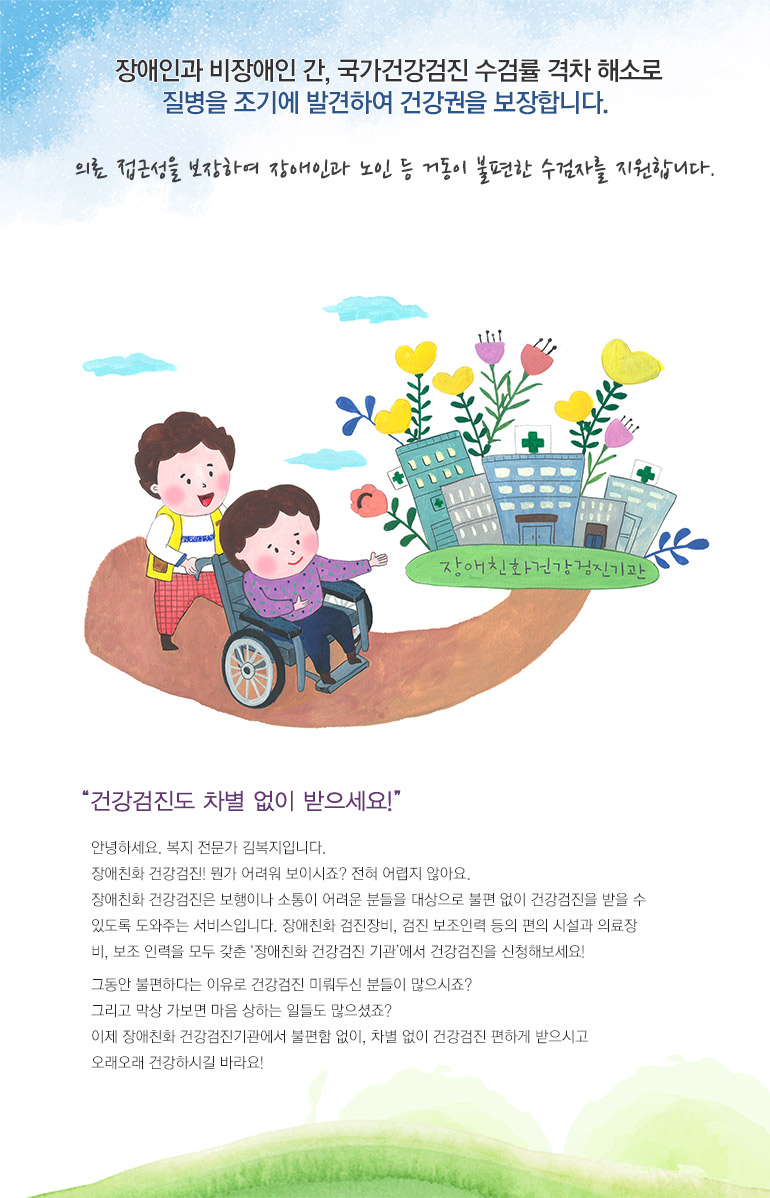 장애인과 비장애인 간, 국가건강검진 수검률 격차 해소로 질병을 조기에 발견하여 건강권을 보장합니다. 의료 접근성을 보장하여 장애인과 노인 등 거동이 불편한 수검자를 지원합니다. 건강검진도 차별 없이 받으세요! 안녕하세요. 복지 전문가 김복지입니다. 장애친화 건강검진! 뭔가 어려워 보이시죠? 전혀 어렵지 않아요. 장애친화 건강검진은 보행이나 소통이 어려운 분들을 대상으로 불편 없이 건강검진을 받을 수 있도록 도와주는 서비스입니다. 장애친화 검진장비, 검진 보조인력 등의 편의 시설과 의료장 비, 보조 인력을 모두 갖춘 장애친화 건강검진 기관에서 건강검진을 신청해보세요! 그동안 불편하다는 이유로 건강검진 미뤄두신 분들이 많으시죠? 그리고 막상 가보면 마음 상하는 일들도 많으셨죠? 이제 장애친화 건강검진기관에서 불편함 없이, 차별 없이 건강검진 편하게 받으시고 오래오래 건강하시길 바라요