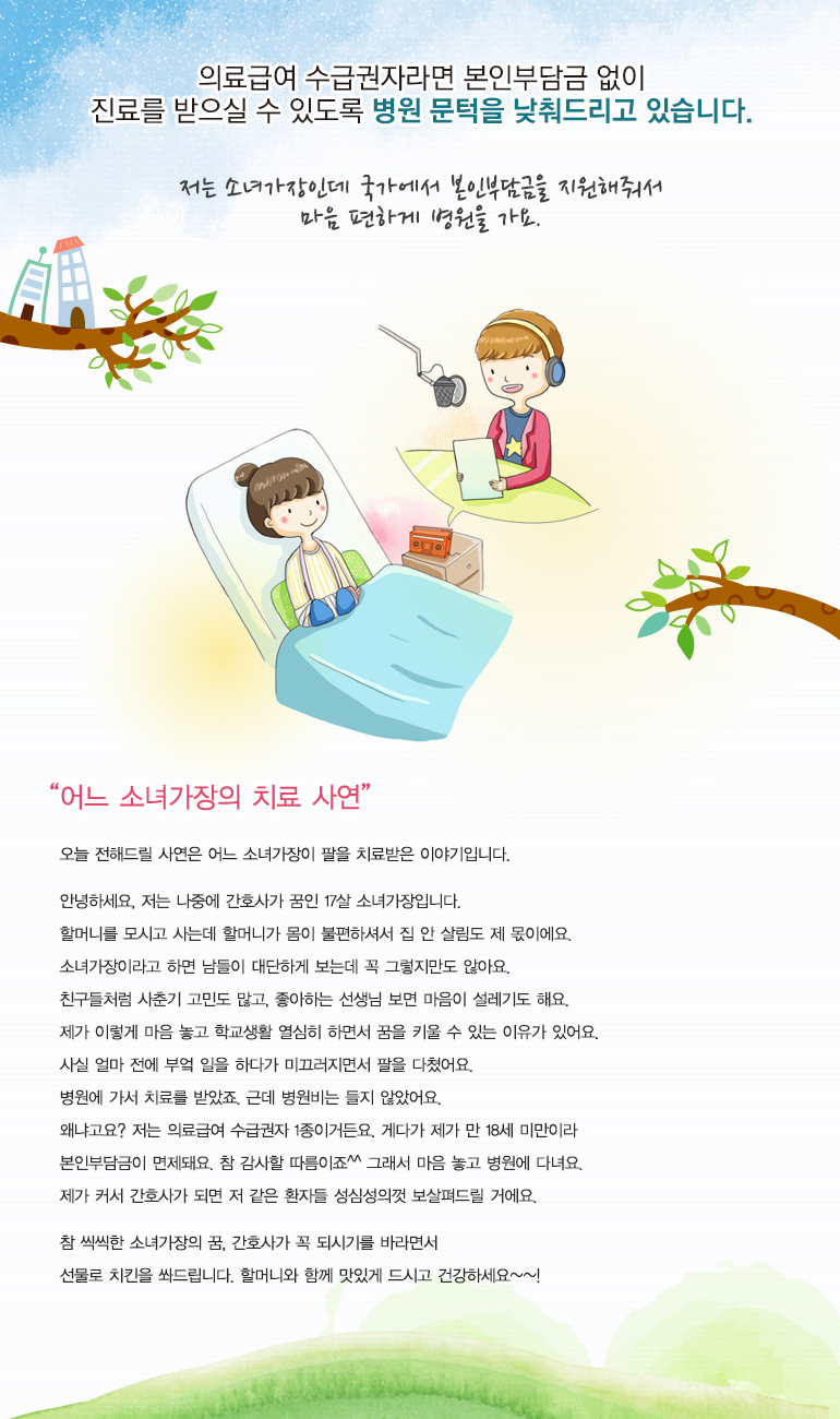 저는 소녀가장인데 국가에서 본인부담금을 지원해줘서 마음 편하게 병원을 가요.
