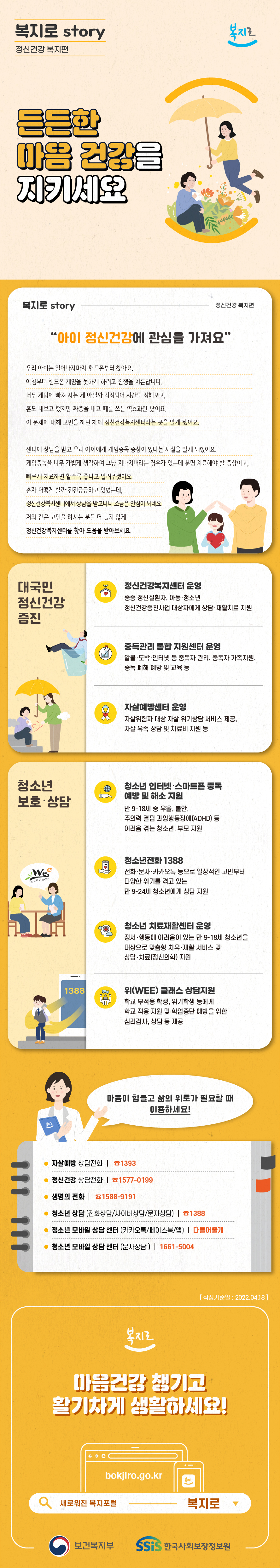 복지로 story 정신건강 복지편 든든한 마음 건강을 지키세요 '아이 정신건강에 관심을 가져요' 우리 아이는 일어나자마자 핸드폰부터 찾아요 아침부터 핸드폰 게임을 못하게 하려고 전쟁을 치른답니다. 너무 게임에 빠져 사는 게 아닐까 걱정되어 시간도 정해보고 혼도 내보고 했지만 짜증을 내고 떼를 쓰는 역효과만 났어요. 이 문제에 대해 고민을 하던 차에 정신건강복지센터라는 곳을 알게 됐어요 센터에 상담을 받고 우리 아이에 게임중독 증상이 있다는 사실을 알게 되었어요. 게임중독을 너무 가볍게 생각하여 그냥 지나쳐버리는 경우가 있는데 분명 치료해야 할 증상이고, 빠르게 치료하면 할수록 좋다고 알려주셨어요. 혼자 어떻게 할까 전전긍긍하고 있었는데, 정신건강복지센터에서 상담을 받고나니 조금은 안심이 되네요. 저와 같은 고민을 하시는 분들 더 늦지 않게 정신건강복지센터를 찾아 도움을 받아보세요. ●대국민 정신건강 증진 -정신건강복지센터 운영: 중증 정신실환자, 아동·청소년 정신건강증진사업 대상자에게 상담.재활치료 지원 -중독관리 통합지원센터 운영:  알콜·도박·인터넷 등 중독자 관리, 중독자 가족지원, 중독 폐해 예방 및 교육 등 -자살예방센터 운영: 자살위험자 대상 자살 위기상담 서비스 제공, 자살 유족 상담 및 치료비 지원 등 ●청소년 보호.상담 -청소년 인터넷.스마트폰 중독 예방 및 해소 지원: 만9-18세 중 우울, 불안, 주의력 결핍 과잉행동장애(ADHD) 등 어려움 겪는 청소년, 부모 지원 청소년전화1388: 전화·문자·카카오톡 등으로 일상적인 고민부터 다양한 위기를 겪고 있는 만 9-24세 청소년에게 상담 지원 -청소년 치료재활센터 운영: 정서·행동에 어려움이 있는 만9-18세 청소년을 대상으로 맞춤형 치유·재활 서비스 및 상담·치료(정신의학) 지원 -위(WEE) 클래스 상담지원: 학교 부적응 학생, 위기학생 등에게 학교 적응 지원 및 학업중단 예방을 위한 심리검사, 상담 등 제공 ●마음이 힘들고 삶의 위로가 필요할 때 이용하세요! -자살예방 상담전화 ☎1393 -정신건강 상담전화 ☎1577-0199 -생명의 전화 ☎1588-9191 -청소년 상담(전화상담/사이버상담/문자상담) ☎1388 -청소년 모바일 상담 센터(카카오톡/페이스북/앱) 다들어줄개 -청소년 모바일 상담 센터 (문자상담) 1661-5004 [작성기준일 : 2022.04.18] 복지로 마음건강챙기고 활기차게 생활하세요! bokjiro.go.kr 새로워진 복지포털 복지로 보건복지부 SSiS한국사회보장정보원