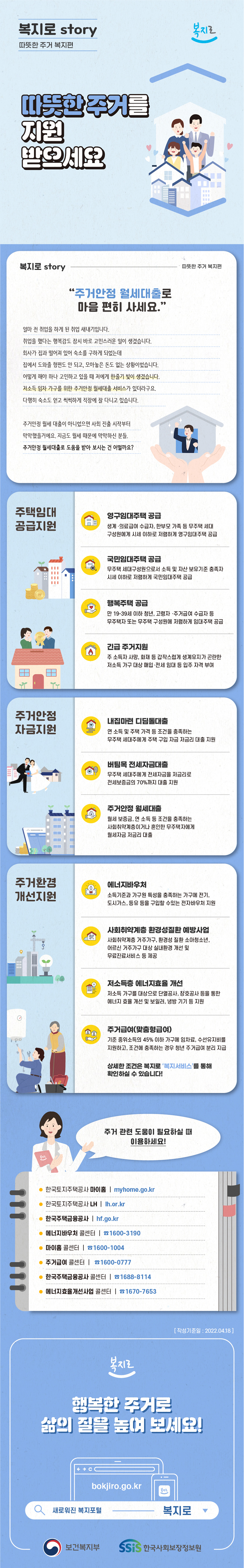 복지로 story 따뜻한 주거 복지편 따뜻한 주거를 지원 받으세요 '주거안정 월세 대출로 마음 편히 사세요.' 얼마 전 취업을 하게된 취업 새내기입니다. 취업을 했다는 행복감도 잠시 바로 고민스러운 일이 생겼습니다. 회사가 집과 떨어져 있어 숙소를 구하게 되었는데 집에서 도와줄 형편도 안 되고, 모아놓은 돈도 없는 상황이었습니다. 어떻게 해야 하나 고민하고 있을 때 저에게 한줄기 빛이 생겼습니다. 저소득 임차 가구를 위한 주거안정 월세대출 서비스가 있더라구요. 다행히 숙소도 얻고 씩씩하게 직장에 잘 다니고 있습니다. 주거안정 월세 대출이 아니었으면 사회 진출 시작부터 막막했을거에요. 지금도 월세 때문에 막막하신 분들. 주거안정 월세대출로 도움을 받아 보시는 건 어떨까요? ●주택임대공급지원 -영구임대주택 공급: 생계·의료급여 수급자, 한부모가족 등 무주책 세대 구성원에게 시세 이하로 저렴하게 영구임대주택 공급 -국민임대주택 공급: 무주택 세대 구성원으로서 소득 및 자산 보유기준 충족자 시세 이하로 저렴하게 국민임대주택 공급 -행복주택 공급:  만 19-39세 이하 청년, 고령자·주거급여 수급자 등 무주택자 또는 무주택 구성원에 저렴하게 임대주택 공급 -긴급주거지원: 주 소득자 사망, 화재 등 갑작스럽게 생계유지가 곤란한 저소득 가구 대상 매입·전세 임대 등 입주자격 부여 ●주거안정자금지원 -내집마련 디딤돌대출: 연 소득 및 주택 가격 등 조건을 충족하는 무주택 세대주에게 주택 구입 자금 저금리 대출 지원 -버팀목 전세자금대출: 무주택 세대주에게 전제자금을 저금리로 전세보증금의 70%까지 대출 지원 -주거안정 월세대출: 월세 보증금, 연 소득 등 조건을 충족하는 사회취약계층이나 혼인한 무주택자에게 월세자금 저금리 대출 ●주거환경개선지원 -에너지바우처: 소득기준과 가구원 특성을 충족하는 가구에 전기, 도시가스, 등유 등을 구입할 수 있는 전자바우처 지원 -사회취약계층 환경성질환 예방사업: 사회취약계층 거주가구, 환경성 질환 소아청소년, 어르신 거주가구 대상 실내환경 개선 및 무료진료서비스 등 제공 -저소득 에너지효율 개선: 저소득 가구를 대상으로 단열공사, 창호공사 등 통한 에너지 효율 개선 및 보일러 냉방 기기 등 지원 -주거급여(맞춤형급여): 기준 중위소득의 45%이하 가구에 임차료, 수선유지비를 지원하고, 조건에 충족하는 경우 청년 주거급여 분리 지급 상세한 조건은 복지로 '복지서비스'를 통해 확인하실 수 있습니다! 주거관련 도움이 필요하실 때 이용하세요! ▷한국토지주택공사 마이홈 myhome.go.kr ▷한국토지주택공사 LH lh.or.kr  ▷한국주택금융공사 hf.go.kr ▷에너지바우처 콜센터 1600-3190 ▷마이홈 콜센터 1600-1004 ▷주거급여 콜센터 1600-0777 ▷한국주택금융공사 콜센터 1688-8114 ▷에너지효율개선사업 콜센터 1670-7653 [작성기준일 : 2022.04.18] 복지로 행복한 주거로 삶의 질을 높여보세요 ! bokjiro.go.kr 새로워진 복지포털 복지로 보건복지부 SSiS 한국사회보장정보원