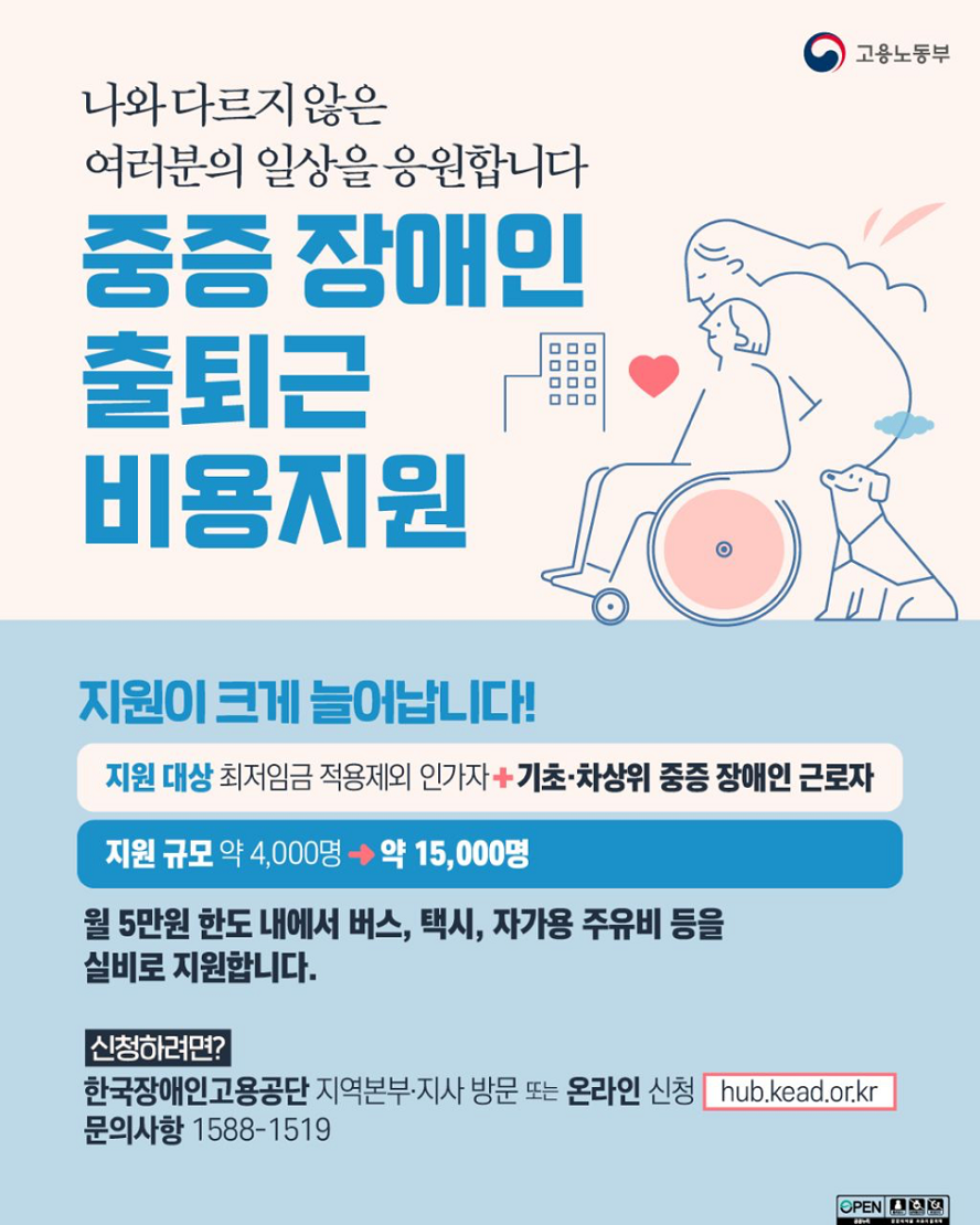 고용노동부 나와 다르지 않은 여러분의 일상을 응원합니다 중증 장애인 출퇴근 비용지원 지원이 크게 늘어납니다! 지원대상 최저임금 적용제외 인가자+기초·차상위 중증 장애인 근로자 지원 규모 약 4,000명에서 약 15,000명 월 5만원 한도 내에서 버스, 택시, 자가용 주유비 등을 실비로 지원합니다. 신청하려면? 한국장애인고용공단 지역본부·지사 방문 또는 온라인 신청, 문의사항 1588-1519