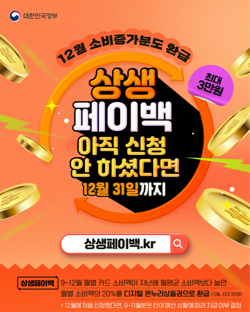 12월 소비증가분도 환급 상생페이백 아직 신청 안 하셨다면 12월 31일까지 최대 3만 원 상생페이백.kr 상생페이백 9~12월 월별 카드 소비액이 지난해 월평균 소비액보다 늘면 월별 소비액의 20%를 디지털 온누리상품권으로 환급 (12월, 최대 3만 원) 12월에 처음 신청했다면, 9~11월분은 잔여 예산 상황에 따라 지급 여부 결정