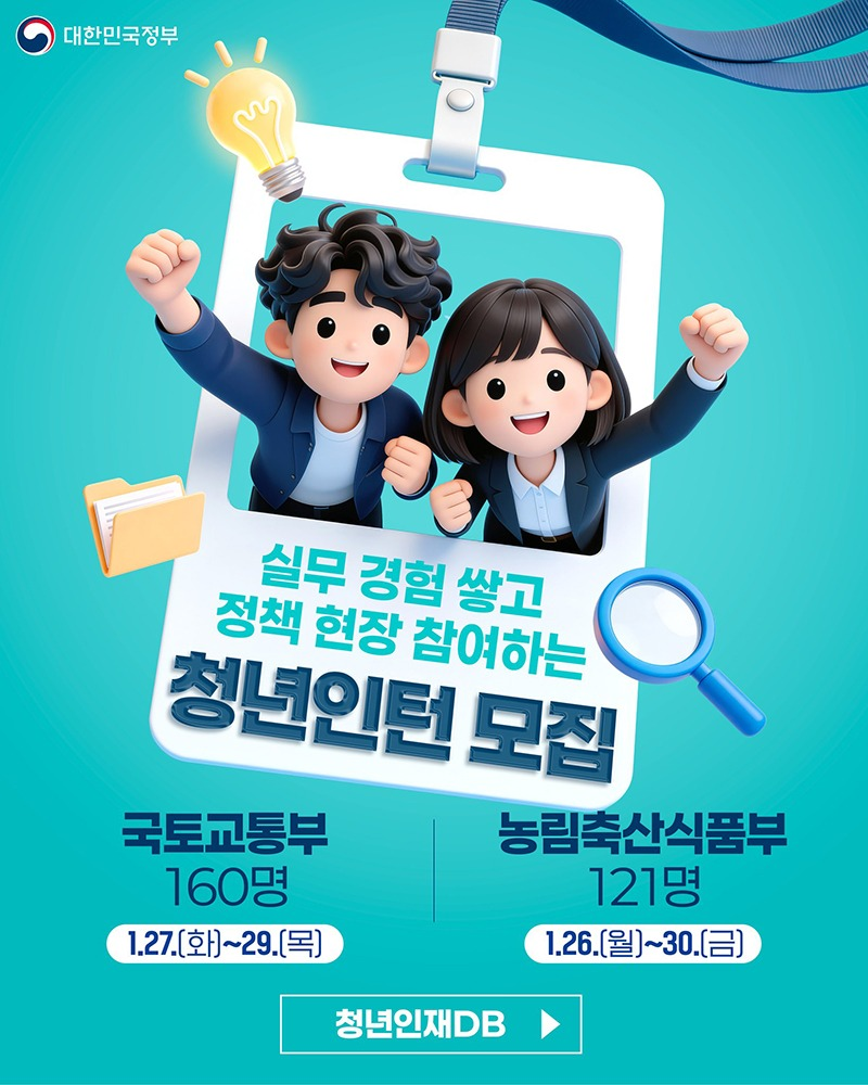 ■ 실무 경험 쌓고 정책 현장 참여하는 청년인턴 모집 - 국토교통부: 160명 1.27.(화)~29.(목) - 농림축산식품부: 121명 1.26.(월)~30.(금) 