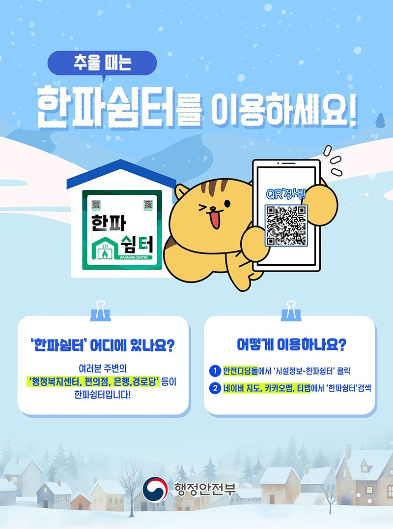 추울 때는 한파쉼터를 이용하세요! ■ '한파쉼터' 어디에 있나요? 여러분 주변의 '행정복지센터, 편의점, 은행, 경로당' 등이 한파쉼터입니다! ■ 어떻게 이용하나요? ① 안전디딤돌에서 시설정보-한파쉼터 클릭 ② 네이버 지도, 카카오맵, 티맵에서 '한파쉼터'검색 