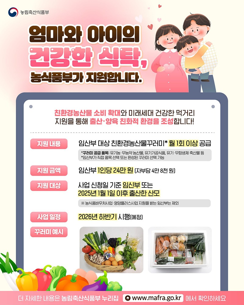 엄마와 아이의 건강한 식탁, 농식품부가 지원합니다. 친환경농산물 소비 확대와 미래세대 건강한 먹거리 지원을 통해 출산·양육 친화적 환경을 조성합니다! ■ 지원 내용 임산부 대상 친환경농산물꾸러미* 월 1회 이상 공급 *꾸러미 공급 품목: 유기농·무농약 농산물, 유기가공식품, 유기·무항생제 축산물 등 *임산부가 직접 품목 선택 또는 완성된 꾸러미 선택 가능 ■ 지원 금액 임산부 1인당 24만 원(자부담 4만 8000원) ■ 지원 대상 사업 신청일 기준 임신부 또는 2025년 1월 1일 이후 출산한 산모 ※ 농식품바우처사업·영양플러스사업 지원을 받는 임산부는 제외 ■ 사업 일정 2026년 하반기 시행(예정) ■ 꾸러미 예시 (*이미지 참조) 더 자세한 내용은 농림축산식품부 누리집에서 확인하세요.