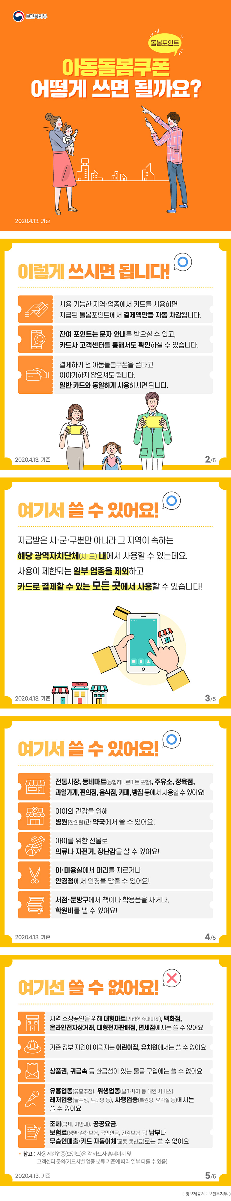 보건복지부 돌봄포인트 아동돌봄쿠폰 어떻게 쓰면 될까요?2020.4.13. 기준이렇게 쓰시면 됩니다! O사용 가능한 지역·업종에서 카드를 사용하면 지급된 돌봄포인트에서 결제액만큼 자동 차감됩니다.
잔여 포인트는 문자 안내를 받으실 수 있고, 카드사 고객센터를 통해서도 확인하실 수 있습니다.
결제하기 전 아동돌봄쿠폰을 쓴다고 이야기하지 않으셔도 됩니다.
일반카드와 동일하게 사용하시면 됩니다.
2020.4.13. 기준  2/5
여기서 쓸 수 있어요! O
지급받은 시·군·구뿐만 아니라 그 지역이 속하는 해당 광역자치단체(시·도) 내에서 사용할 수 있는데요.
사용이 제한되는 일부 업종을 제외하고 카드로 결제할 수 있는 모든 곳에서 사용할 수 있습니다!
2020.4.13. 기준  3/5
여기서 쓸 수 있어요! O
전통시장, 동네마트(농협하나로마트 포함), 주유소, 정육점, 과일가게, 편의점, 음식점, 카페, 빵집 등에서 사용할 수 있어요!
아이의 건강을 위해 병원(한의원)과 약국에서 쓸 수 있어요!
아이를 위한 선물로 의류나 자전거, 장난감을 살 수 있어요!
이·미용실에서 머리를 자르거나 안경점에서 안경을 맞출 수 있어요!
서점·문방구에서 책이나 학용품을 사거나, 학원비를 낼 수 있어요!
2020.4.13. 기준  4/5
여기서 쓸 수 없어요! X
지역 소상공인을 위해 대형마트(기업형 슈퍼마켓), 백화점, 온라인전자상거래, 대형전자판매점, 면세점에서는 쓸 수 없어요
기존 정부 지원이 이뤄지는 어린이집, 유치원에서는 쓸 수 없어요
상품권, 귀금속 등 환금성이 있는 물품 구입에는 쓸 수 없어요
유흥업종(유흥주점), 위생업종(발마사지 등 대인 서비스), 레저업종(골프장, 노래방 등), 사행업종(복권방, 오락실 등)에서는 쓸 수 없어요
조세(국세, 지방세), 공공요금, 보험료(생명·손해보험, 국민연금, 건강보험 등) 납부나 무승인매출·카드 자동이체(교통·통신료)로는 쓸 수 없어요
* 참고 : 사용 제한업종(브랜드)은 각 카드사 홈페이지 및 고객센터 문의(카드사별 업종 분류 기준에 따라 일부 다를 수 있음)
2020.4.13. 기준  5/5  출처 : 보건복지부