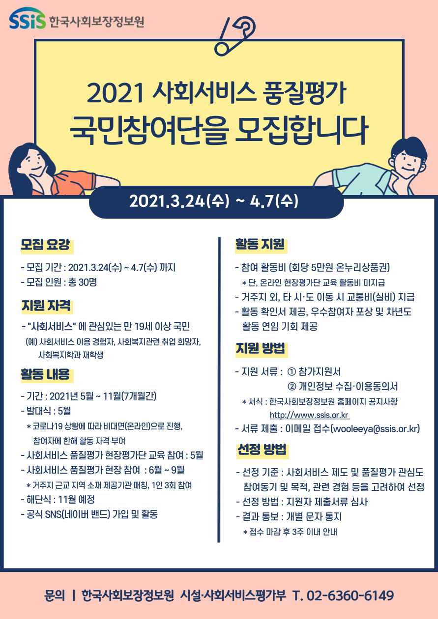 SSiS 한국사회보장정보원 2021 사회서비스 품질평가 국민참여단을 모집합니다. 2021.3.24.(수) ~ 4.7.(수) 모집요강 - 모집 기간: 2021.3.24.(수)~4.7.(수)까지 - 모집인원: 총 30명 지원 자격 -사회서비스에 관심있는 만 19세 이상 국민 (예) 사회서비스 이용 경험자, 사회복지관련 취업 희망자, 사회복지학과 재학생 활동 내용 - 기간: 2021년5월~11월(7개월간) - 발대식: 5월 *코로나19 상황에 따라 비대면(온라인)으로 진행, 참여자에 한해 활동 자격 부여 -사회서비스 품질평가 현장평가단 교육 참여: 5월 - 사회서비스 품질평가 현장 참여: 6월~9월 *거주지 근교 지역 소재 제공기관 매칭, 1인 3회 참여 - 해단식: 11월 예정 - 공식 SNS(네이버 밴드) 가입 및 활동 활동 지원 - 참여 활동비(회당 5만원 온누리상품권) *단, 온라인 현장평가단 교육 활동비 미지급 - 거주지 외, 타 시·도 이동 시 교통비(실비) 지급 - 활동 확인서 제공, 우수참여자 포상 및 차년도 활동 연임 기회 제공 지원 방법 - 지원 서류: 1참가지원서 2개인정보 수집·이용동의서 * 서식: 한국사회보장정보원 홈페이지 공지사항 http://www.ssis.or.kr - 서류 제출: 이메일 접수(wooleeya@ssis.or.kr) 선정 방법 - 선정 기준: 사회서비스 제도 및 품질평가 관심도 참여동기 및 목적, 관련 경험 등을 고려하여 선정 - 선정 방법: 지원자 제출서류 심사 - 결과 통보: 개별 문자 통지 *접수 마감 후 3주 이내 안내 문의 | 한국사회보장정보원 시설·사회서비스평가부 T.02-6360-6149 