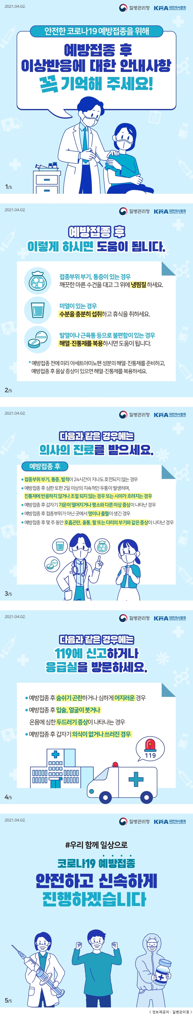 2021.04.02 질병관리청 KMA대한의사협회 안전한 코로나19 예방접종을 위해 예방접종 후 이상반응에 대한 안내사항 꼭 기억해 주세요! 예방접종 후 이렇게 하시면 도움이 됩니다. 접종부위 부기, 통증이 있는 경우 깨끗한 마른 수건을 대고 그 위에 냉찜질 하세요. 미열이 있는 경우 수분을 충분히 섭취하고 휴식을 취하세요. 발열이나 근육통 등으로 불편함이 있는 경우 해열·진통제를 복용하시면 도움이 됩니다. * 예방접종 전에 미리 아세트아미노펜 성분의 해열·진통제를 준비하고, 예방접종 후 몸살 증상이 있으면 해열·진통제를 복용하세요. 다음과 같은 경우에는 의사의 진료를 받으세요. 예방접종 후 접종부위 부기, 통증, 발적이 24시간이 지나도 호전되지 않는 경우 예방접종 후 심한 또한 2일 이상의 지속적인 두통이 발생하며, 진통제에 반응하지 않거나 조절 되지 않는 경우 또는 시야가 흐려지는 경우 예방접종 후 갑자기 기운이 떨어지거나 평소와 다른 이상 증상이 나타난 경우 예방접종 후 접종부위가 아닌 곳에서 멍이나 출혈이 생긴 경우 예방접종 후 몇 주 동안 호흡곤란, 흉통, 팔 또는 다리의 부기와 같은 증상이 나타난 경우 다음과 같은 경우에는 119에 신고하거나 응급실을 방문하세요. 예방접종 후 숨쉬기 곤란하거나 심하게 어지러운 경우 예방접종 후 입술, 얼굴이 붓거나 온몸에 심한 두드러기 증상이 나타나는 경우 예방접종 후 갑자기 의식이 없거나 쓰러진 경우 #우리 함께 일상으로 코로나19 예방접종 안전하고 신속하게 진행하겠습니다